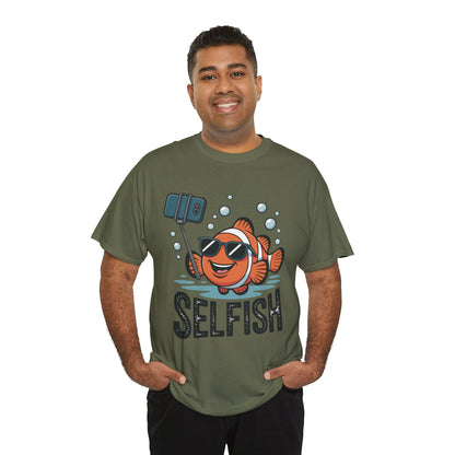 Unisex Heavy Cotton Tee, Mens Selfish Funny Fish T-Shirt, Cute Selfie Graphic Tee, Ocean Humor Shirt