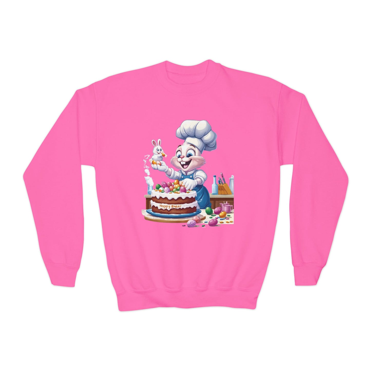 Hoppy Baker Easter Bunny Youth Sweatshirt - Cute Spring Crewneck for Kids with Chef Bunny and Cake, Fun Holiday Gift for Easter Lovers