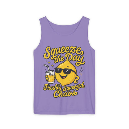 Squeeze The Day Womens Tank Top - Funny Lemon Pun Shirt - Freshly Squeezed Chaos Summer Citrus Top, Casual Beachwear, Fun Summer Apparel