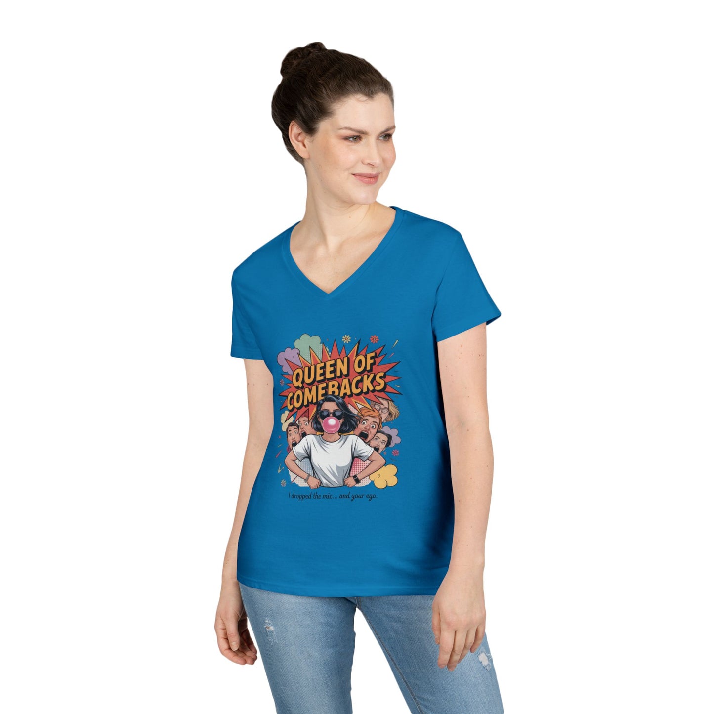 Queen of Comebacks V-Neck T-Shirt, Funny Graphic Tee, Gift for Friends, Humor Apparel, Casual Wear, Comedic Shirt