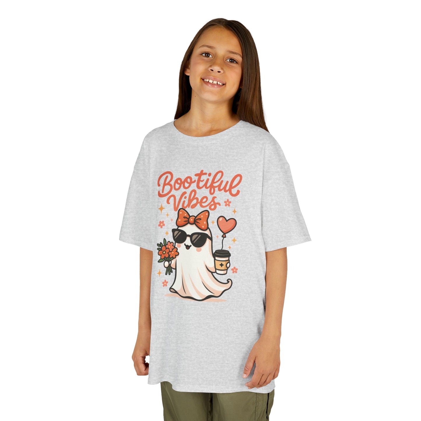 Girls Halloween Ghost T-Shirt, Cute Bootiful Vibes Tee for Kids, Fun Spooky Season Shirt, Tween Girl Outfit Gift, Kids Heavy Cotton™ Tee