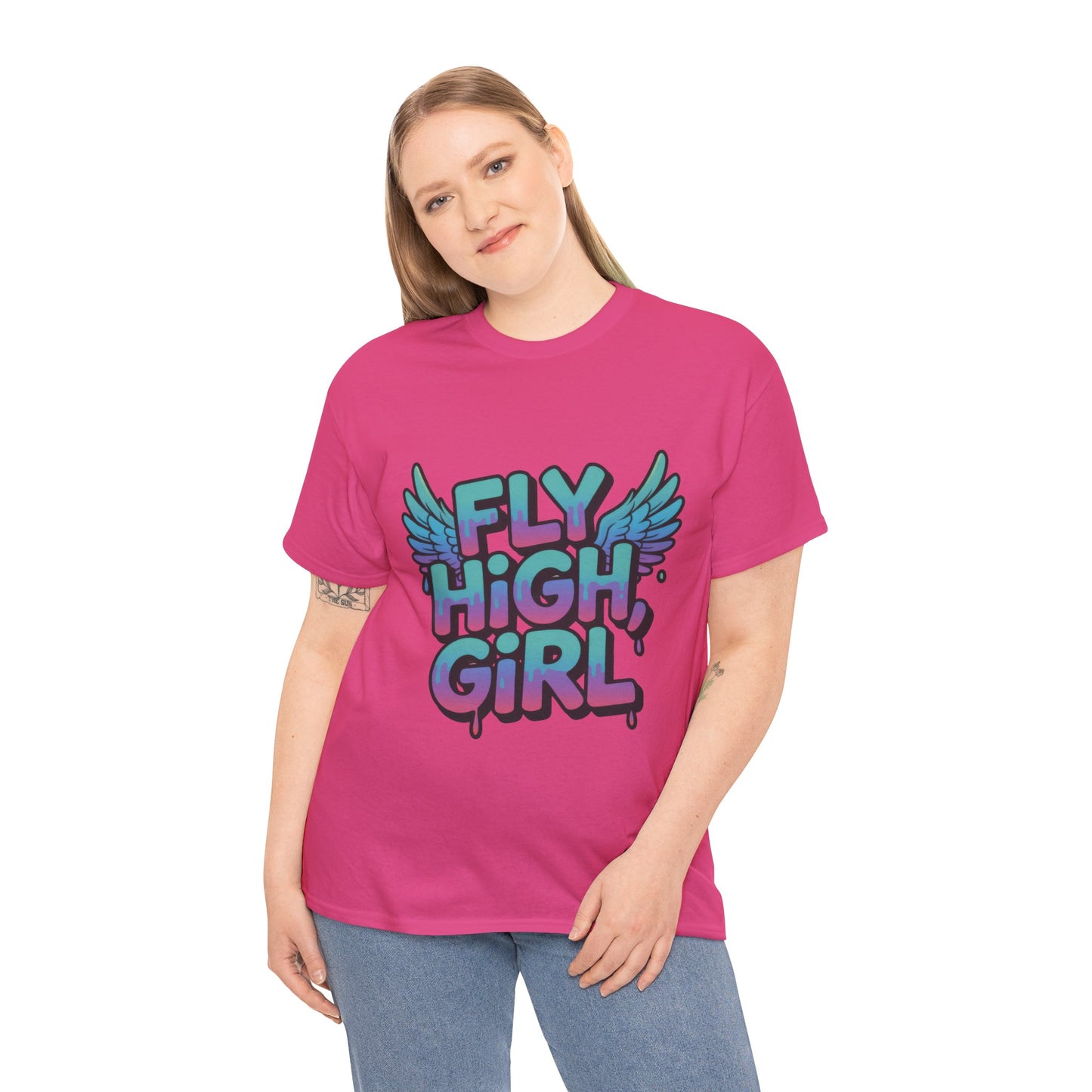 Womens Graphic Tee Fly High Girl, Angel Wings Graffiti Drip T-Shirt, Bold Streetwear Top