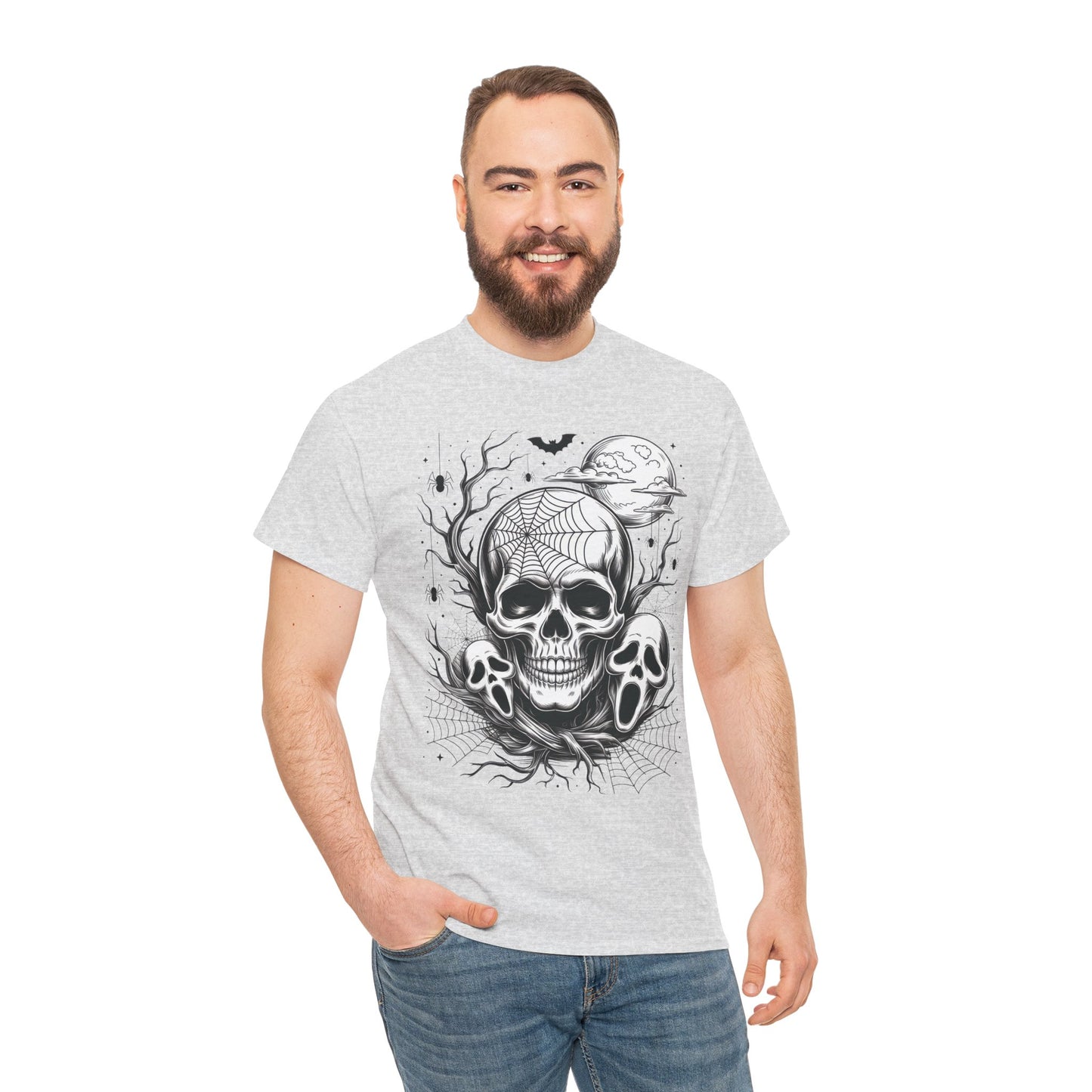 Men's Gothic Skull T-Shirt, Halloween Graphic Tee, Spider Web & Moon Horror Shirt, Spooky Skull Graphic Top for Him