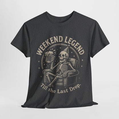 Weekend Legend Mens T-Shirt, Funny Skeleton Beer Tee, Till the Last Drop Party Shirt, Vintage Style Graphic Tee for Him, Halloween Apparel