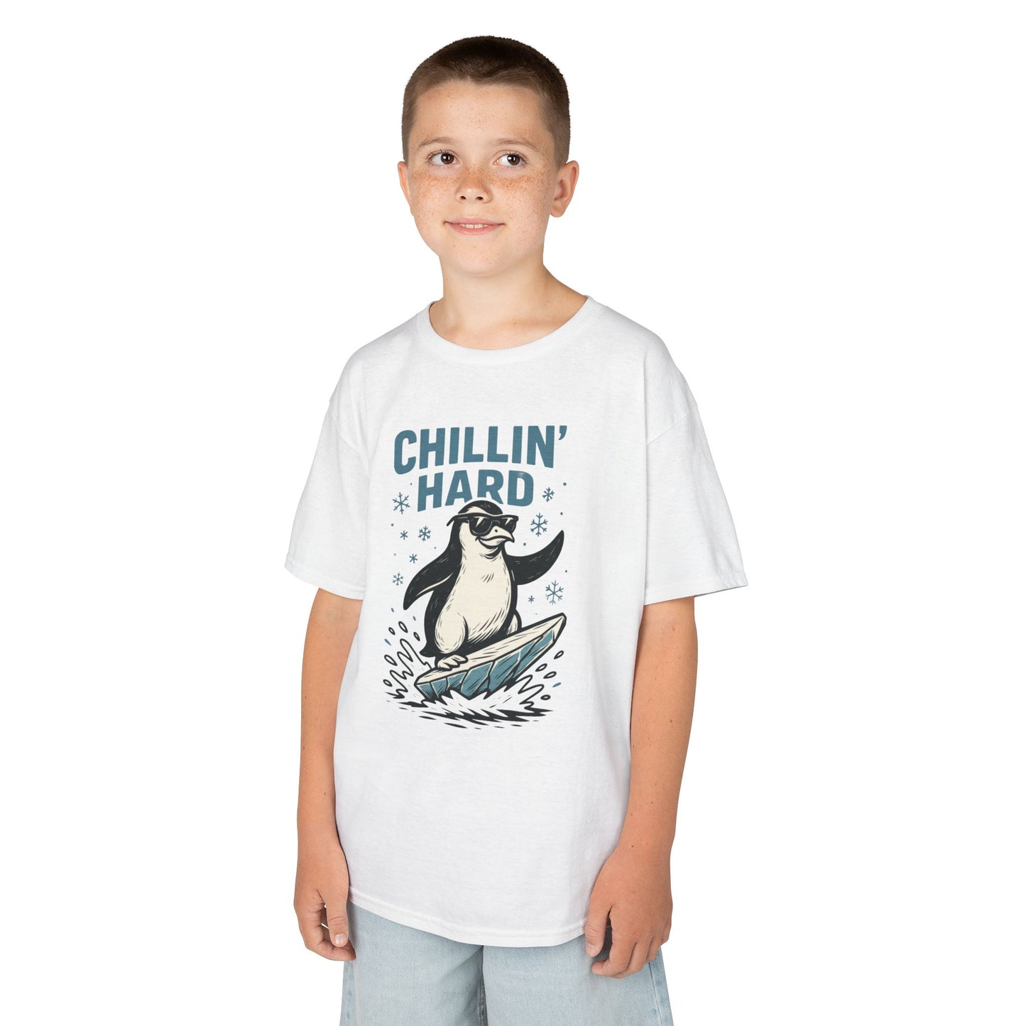 Kids Heavy Cotton™ Tee, Kids Chillin Hard Penguin T-Shirt, Funny Cool Animal Graphic Tee for Children