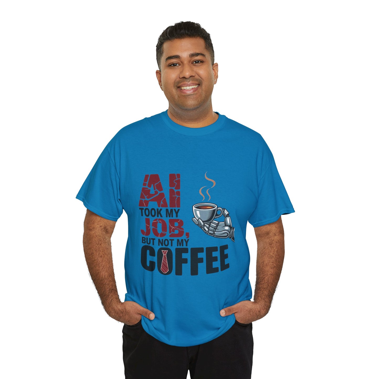 Men's AI Coffee T-Shirt, Funny Robot Humor Graphic Tee, Geek Job Joke Shirt for Him, Men's Heavy Cotton Tee, Sarcastic Work Shirt