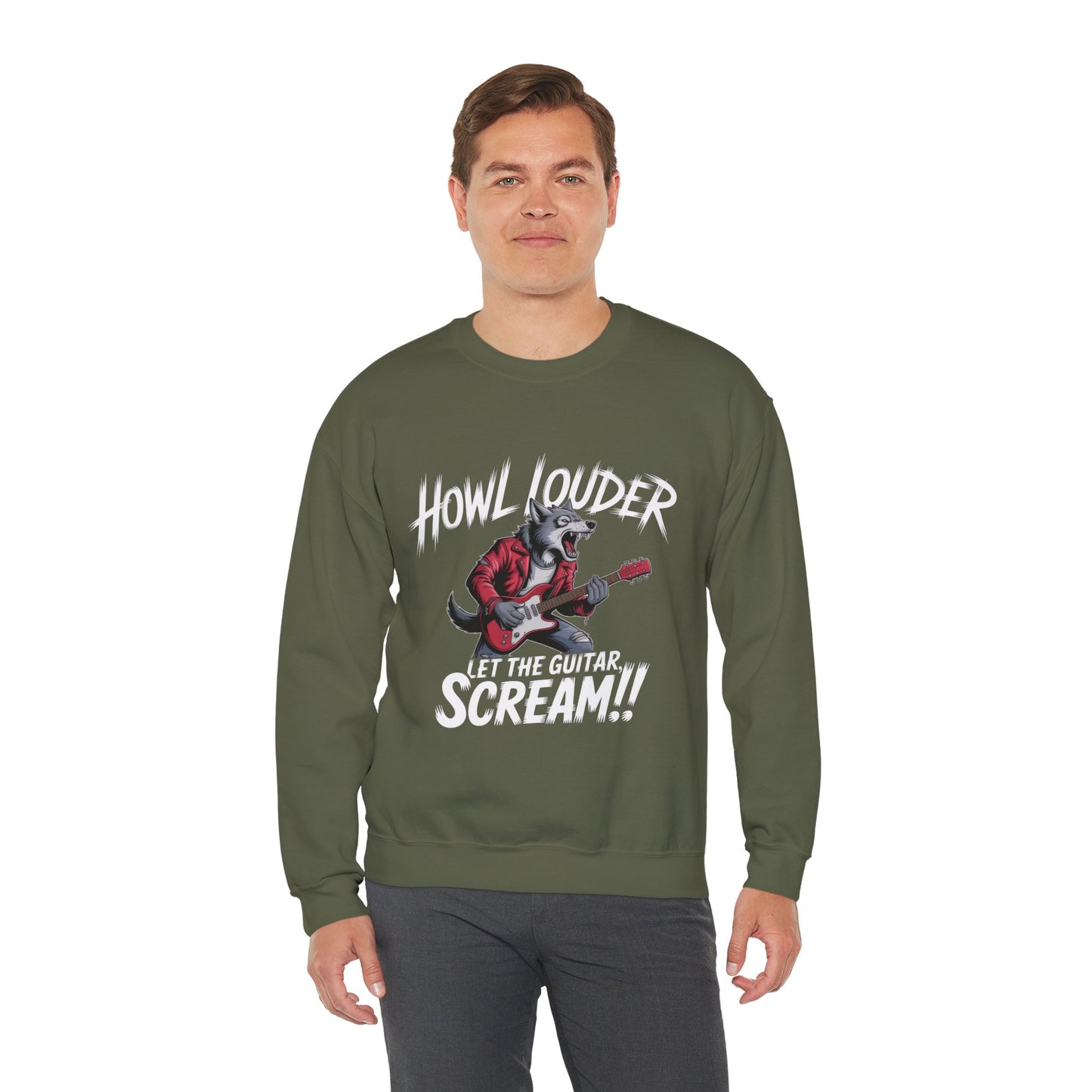 Howl Louder Wolf Sweatshirt, Let The Guitar Scream Pullover, Rock Guitar Animal Hoodie, Rocking Wolf Crewneck Sweatshirt, Music Lover Gift