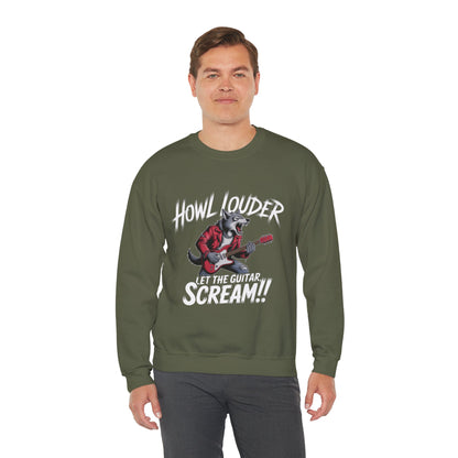 Howl Louder Wolf Sweatshirt, Let The Guitar Scream Pullover, Rock Guitar Animal Hoodie, Rocking Wolf Crewneck Sweatshirt, Music Lover Gift