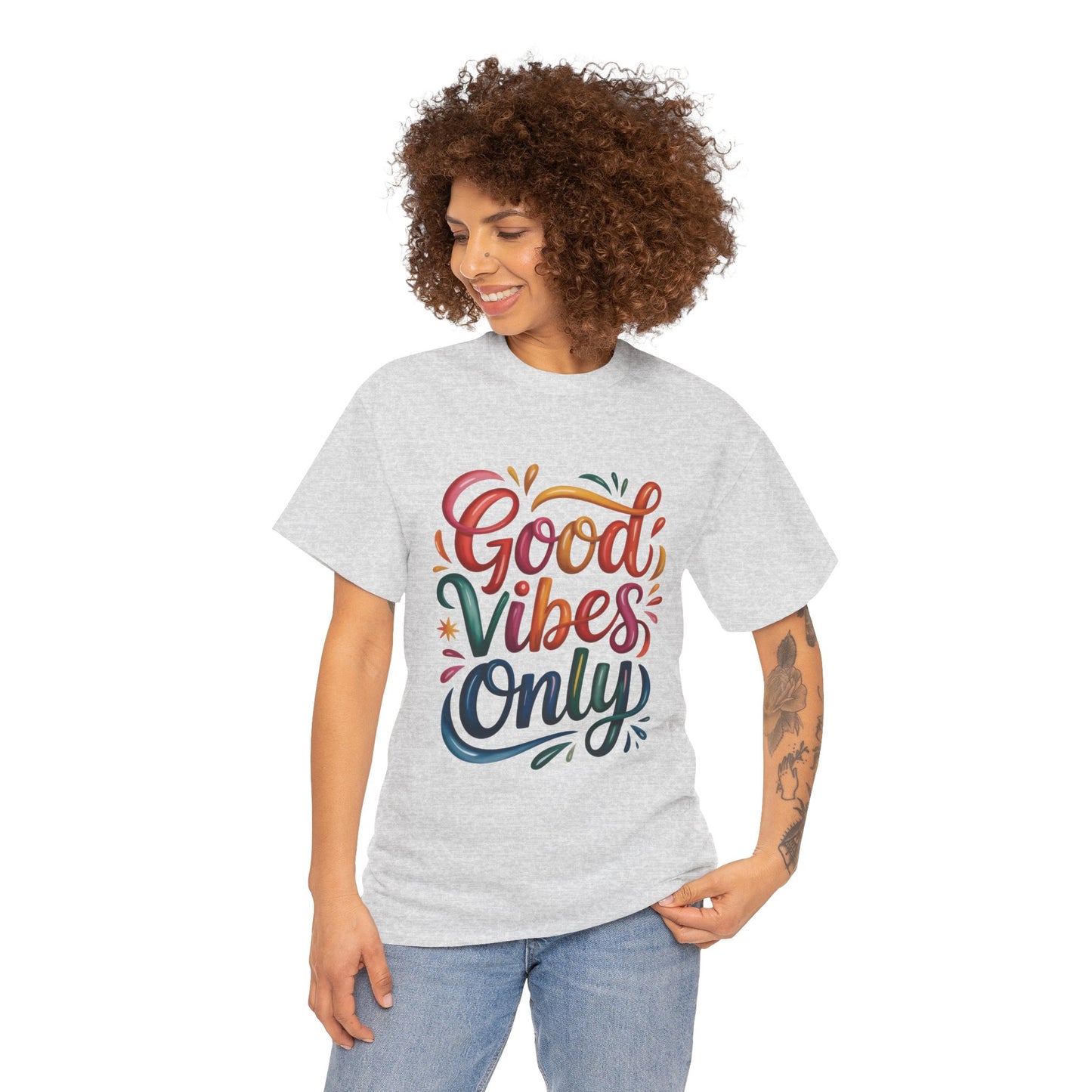 Good Vibes Only Womens Heavy Cotton Tee, Casual Wear, Gift for Friends, Relaxed Fit, Summer Style, Positive Affirmation Shirt