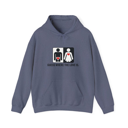 Cute Guess Where The Love Is Mens Hoodie, Sweatshirt for Couples, Valentines Day Gift, Relationship Humor Hoodie, Bold Love Joke Hoodie
