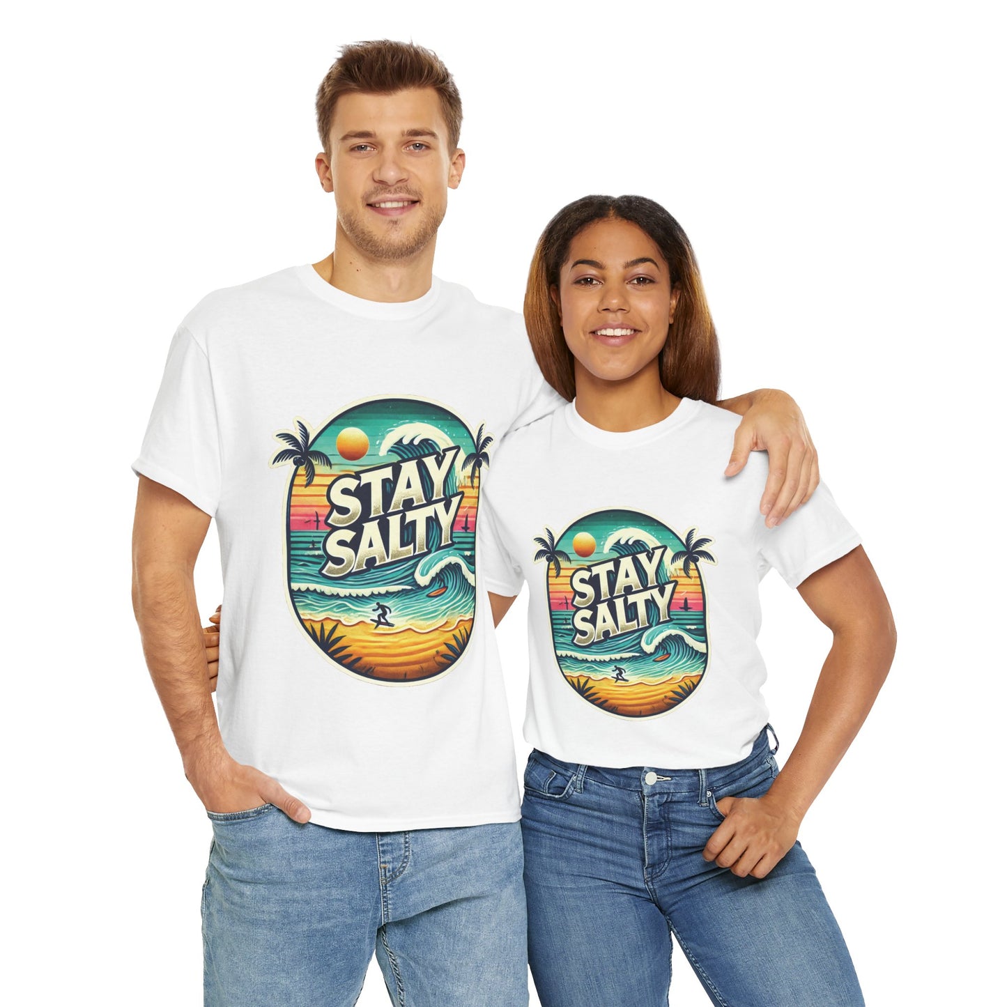 Stay Salty Retro Surf Unisex Heavy Cotton Tee, Vintage Beach Sunset Graphic T-Shirt, Summer Ocean Wave Surfer Shirt, Ocean Lover Gift