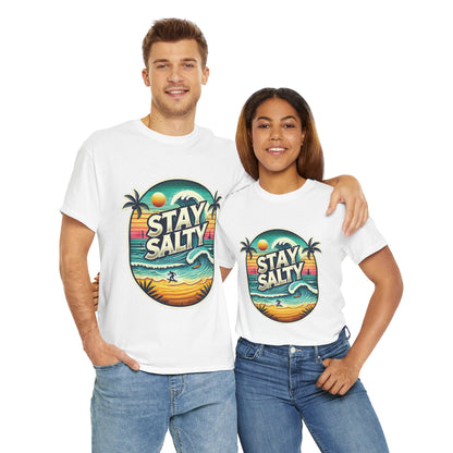Stay Salty Retro Surf Unisex Heavy Cotton Tee, Vintage Beach Sunset Graphic T-Shirt, Summer Ocean Wave Surfer Shirt, Ocean Lover Gift