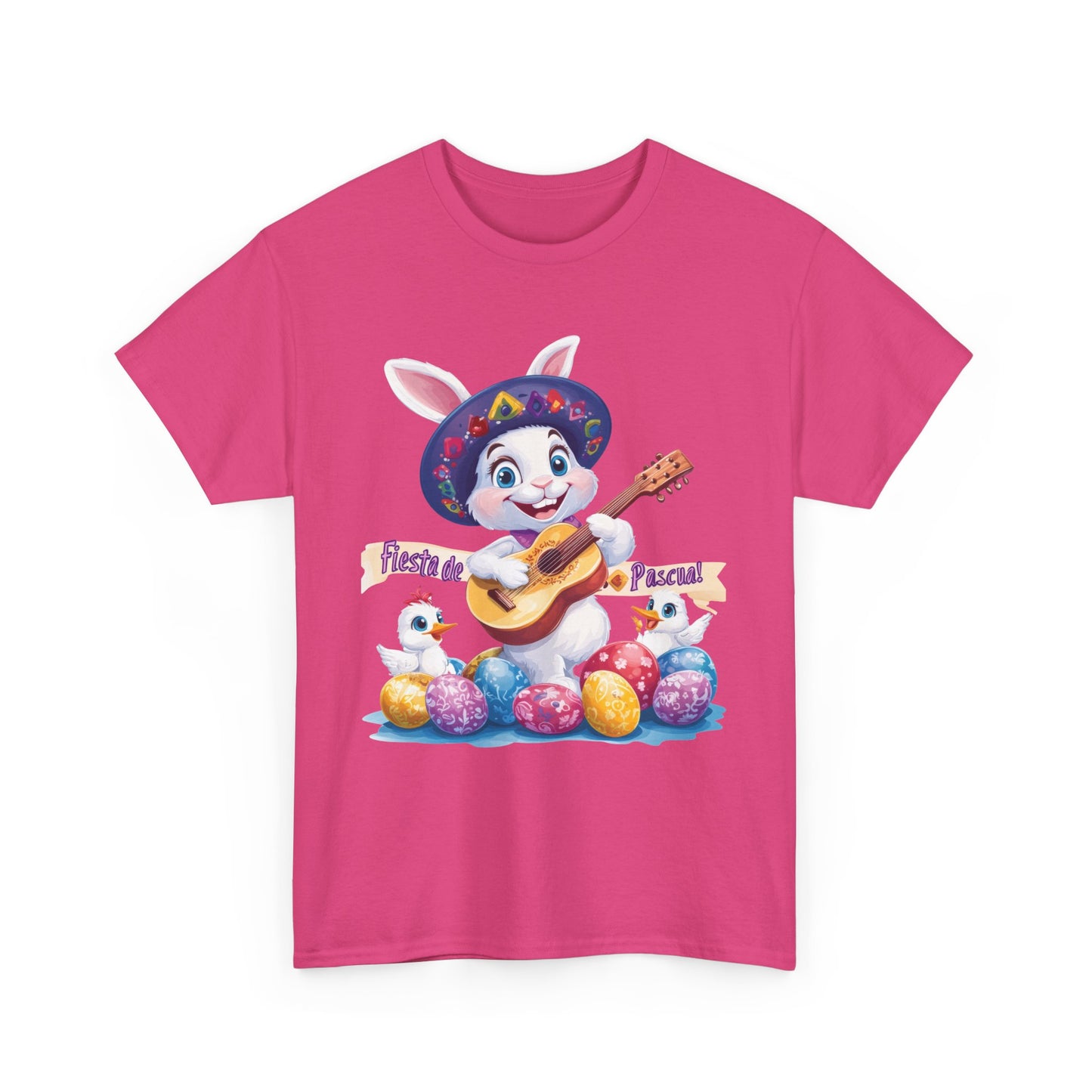 Fiesta de Pascua Bunny Shirt, Funny Easter Rabbit Playing Guitar Tee, Colorful Unisex Heavy Cotton T-Shirt, Cute Holiday Celebration Gift