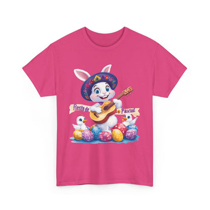 Fiesta de Pascua Bunny Shirt, Funny Easter Rabbit Playing Guitar Tee, Colorful Unisex Heavy Cotton T-Shirt, Cute Holiday Celebration Gift