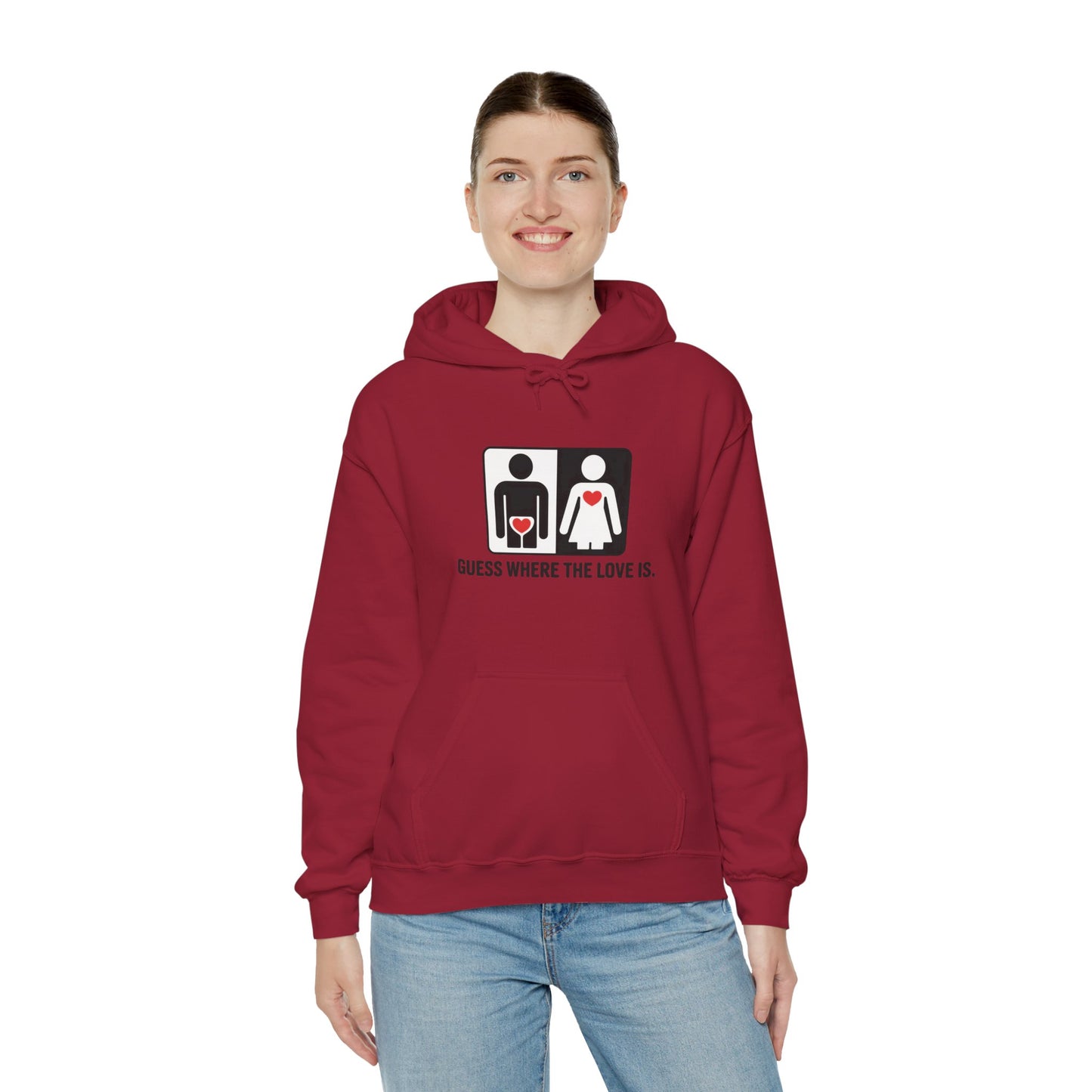 Cute Guess Where The Love Is Mens Hoodie, Sweatshirt for Couples, Valentines Day Gift, Relationship Humor Hoodie, Bold Love Joke Hoodie