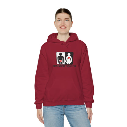 Cute Guess Where The Love Is Mens Hoodie, Sweatshirt for Couples, Valentines Day Gift, Relationship Humor Hoodie, Bold Love Joke Hoodie