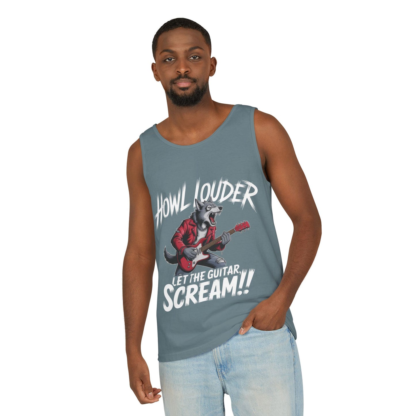 Howl Louder Wolf Tank Top, Mens Muscle Shirt, Rock Guitarist Graphic Sleeveless Tee, Wolf Workout Gym Tank, Music Lover Gift