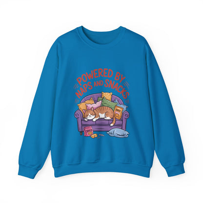 Powered by Naps and Snacks Sweatshirt, Cozy Lounge Crewneck, Gifts for Cat Lovers, Funny Cat Sweatshirt, Casual Everyday Wear