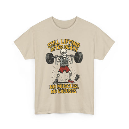 Funny Skeleton Gym T-Shirt, Still Lifting After Death, Funny Workout Shirt for Men, Fitness Gift, Halloween Apparel, Unisex Cotton Tee