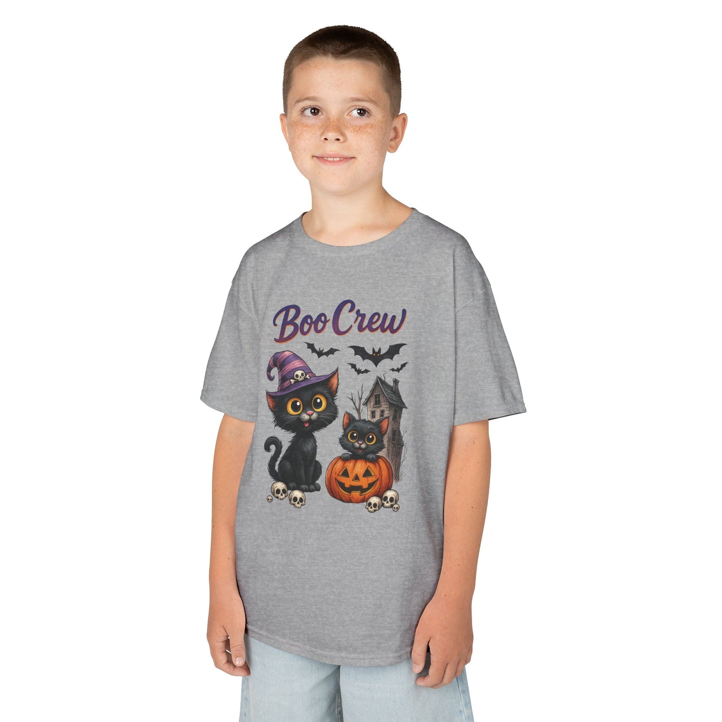 Boo Crew Kids Halloween T-Shirt, Cute Black Cats Pumpkin Design, Fun Spooky Shirt for Girls Boys