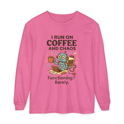 Coffee Chaos Long Sleeve Tee, Funny T-Shirt, Quirky Gift for Coffee Lovers, Unisex Top for Busy Lives, Work from Home Humor Tee