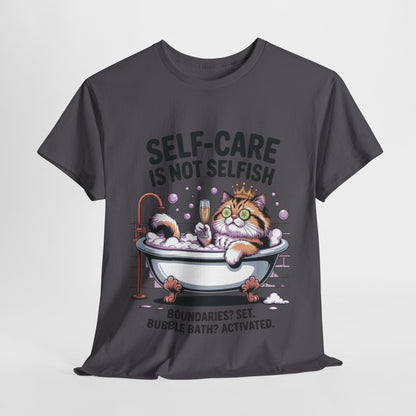 Womens Heavy Cotton Tee, Self-Care Cat Shirt, Funny Cat Bubble Bath Tee, Relaxing Kitty Graphic, Self Care Is Not Selfish Womens T-Shirt