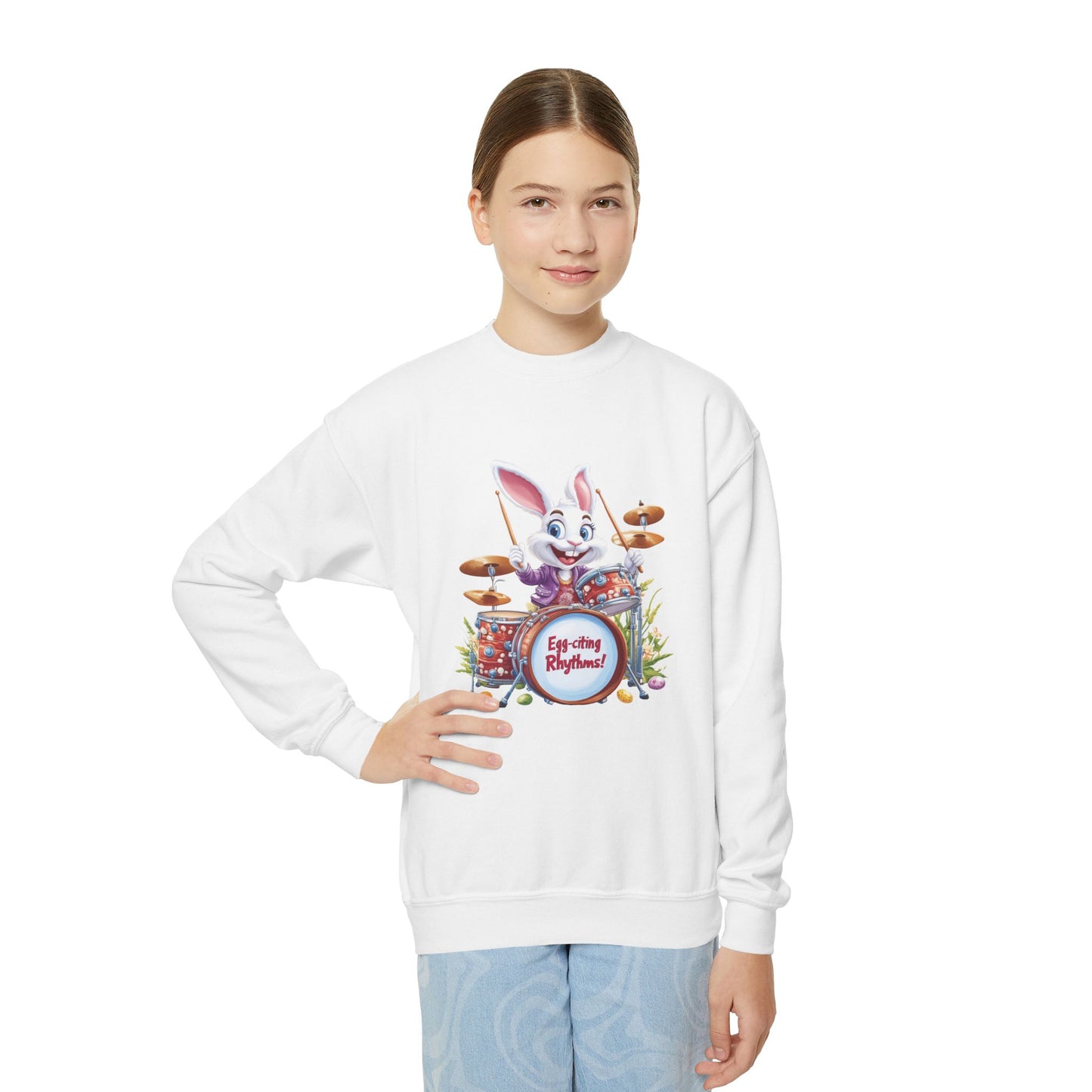 Easter Bunny Drummer Kids Sweatshirt - Cute Spring Crewneck for Children, Fun Easter Gift Colorful Bunny Playing Drums Design