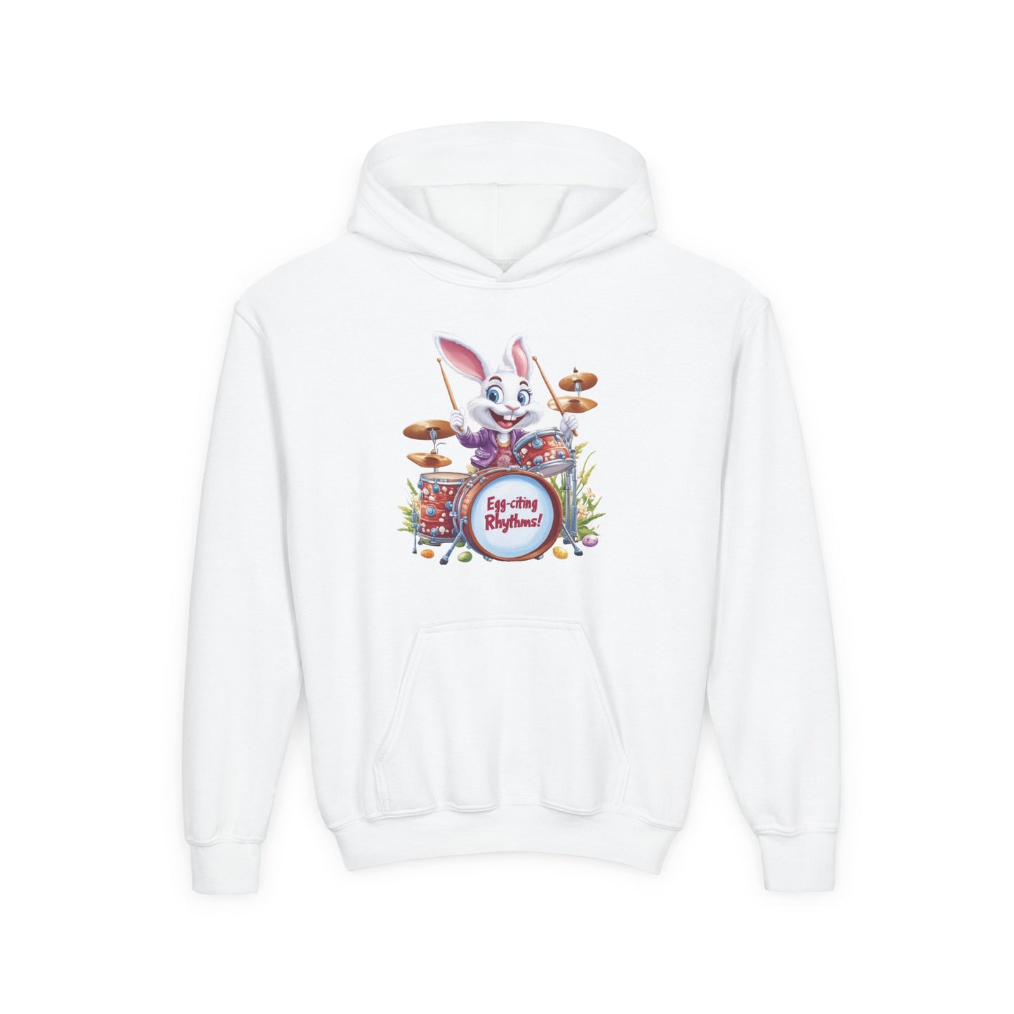 Kids Easter Bunny Drummer Hoodie - Fun Spring Sweatshirt for Children, Cute Bunny Playing Drums, Unique Easter Gift Idea