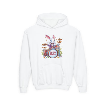 Kids Easter Bunny Drummer Hoodie - Fun Spring Sweatshirt for Children, Cute Bunny Playing Drums, Unique Easter Gift Idea