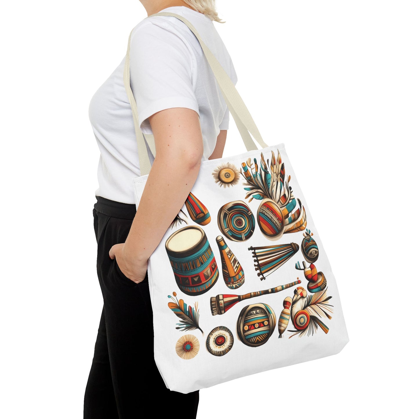 Boho Tribal Music Tote Bag, Ethnic Percussion Instrument Art, Festival Vibes, Shopping Bag, Bohemian Tote, Weekender Bag, Beach Bag, Large Canvas Bag