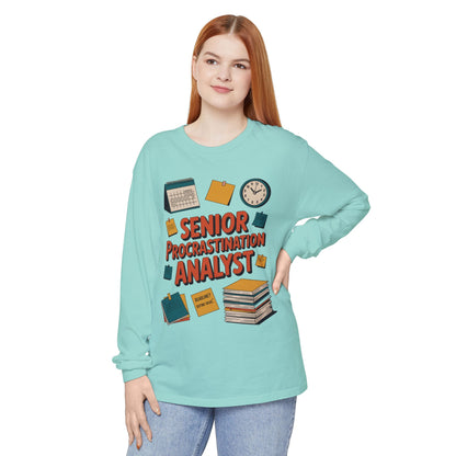Senior Procrastination Analyst Long Sleeve Tee, Funny Work Shirt,Gift for Analysts, Office Humor, Meme Long Sleeve, Motivation Humor Apparel