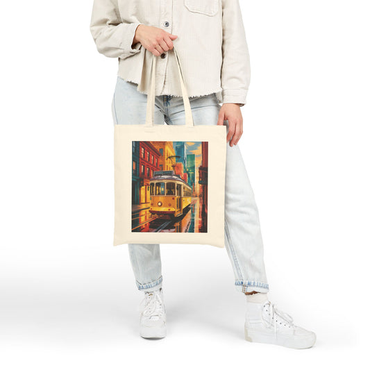 Vintage Tram Canvas Tote Bag, Eco-Friendly Grocery Tote, Stylish Beach Bag, Colorful Art Bag, Perfect Gift for Travelers