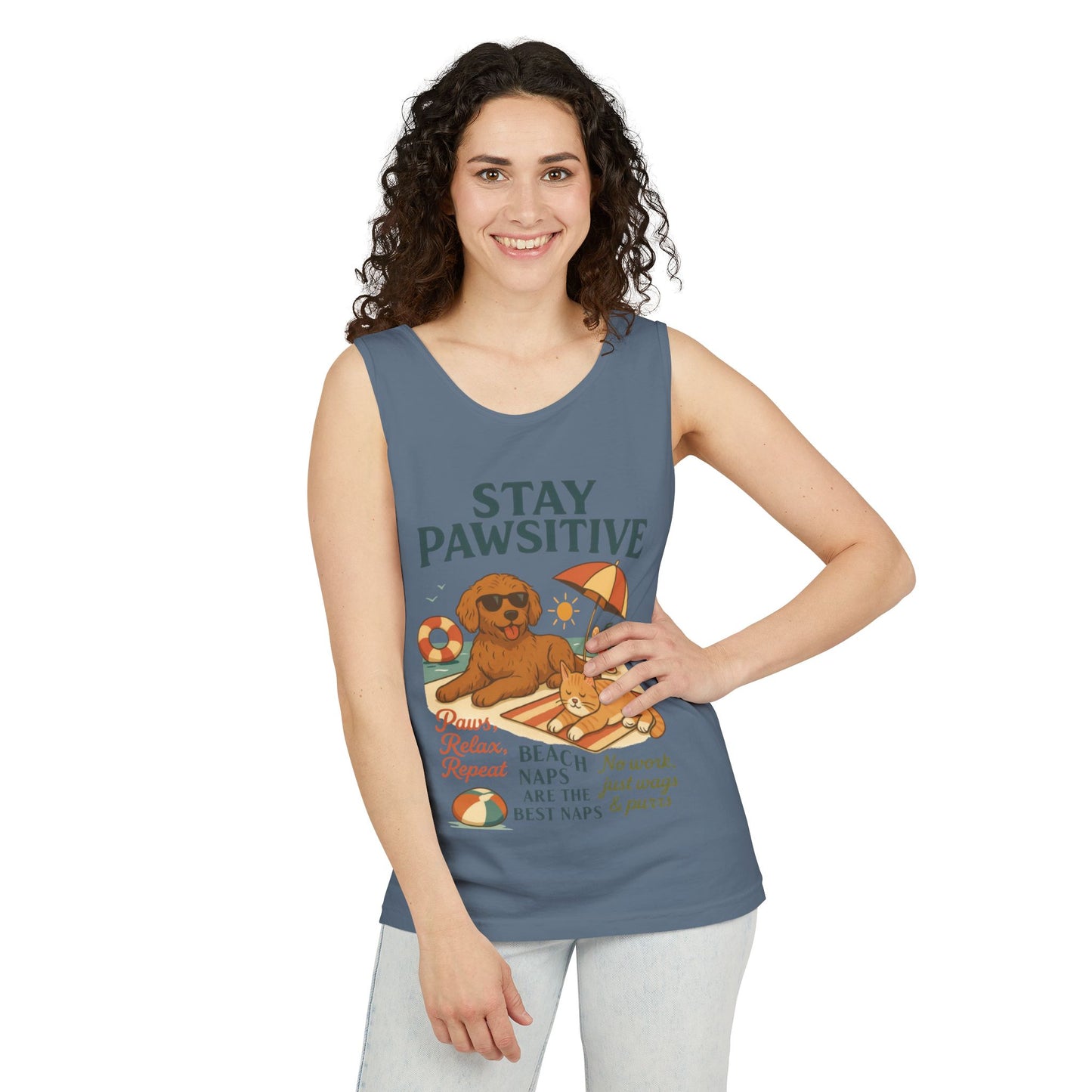 Stay Pawsitive Womens Tank, Cute Dog & Cat Beach Tee, Summer Pet Lover Tee, Animal Graphic Heavy Cotton Tee, Fun Pet Lovers Gift, Summer Top