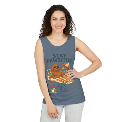 Stay Pawsitive Womens Tank, Cute Dog & Cat Beach Tee, Summer Pet Lover Tee, Animal Graphic Heavy Cotton Tee, Fun Pet Lovers Gift, Summer Top