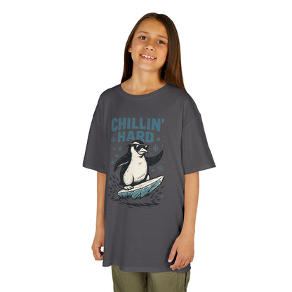 Kids Heavy Cotton™ Tee, Kids Chillin Hard Penguin T-Shirt, Funny Cool Animal Graphic Tee for Children
