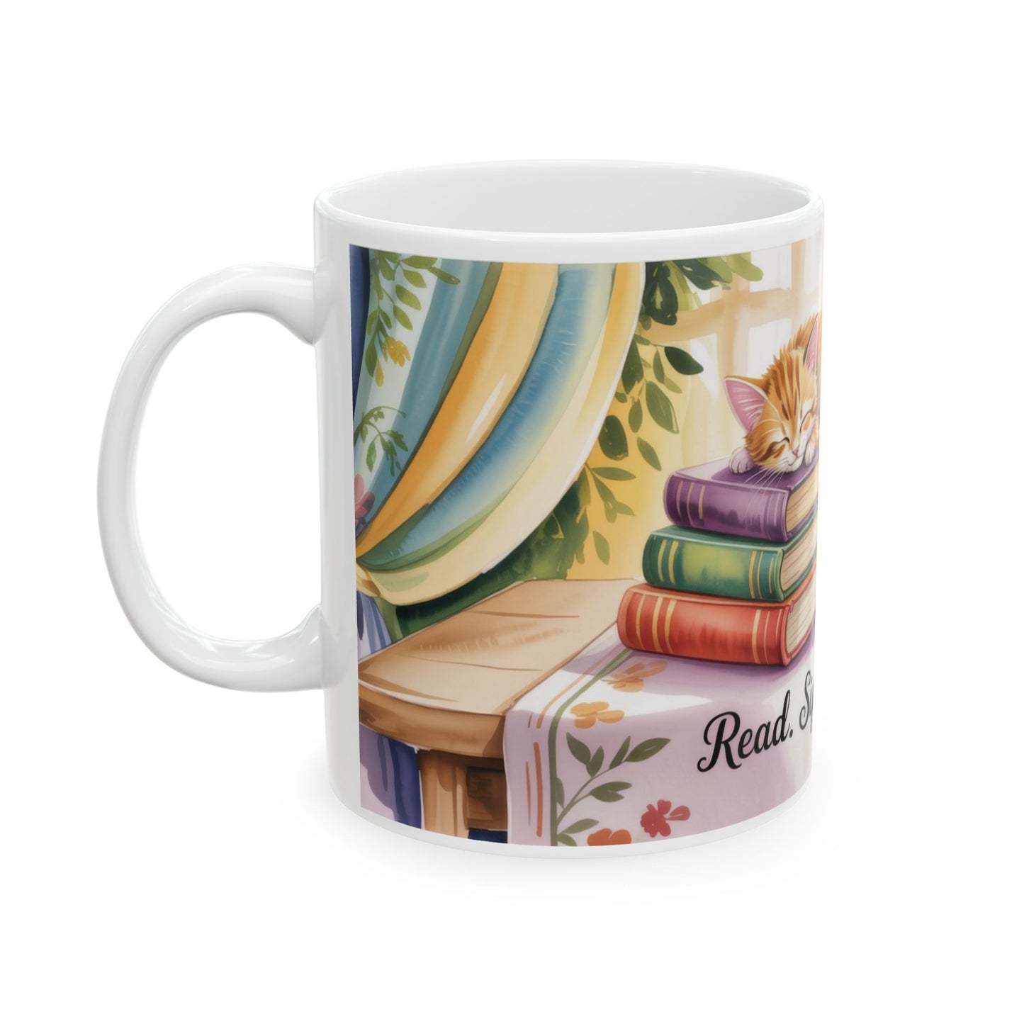 Cozy Cat Lover Mug, Ceramic Coffee Cup for Readers, Gift for Cat Lovers, Relaxing Tea Mug, Perfect for Home & Office, Book Lover Coffee Cup