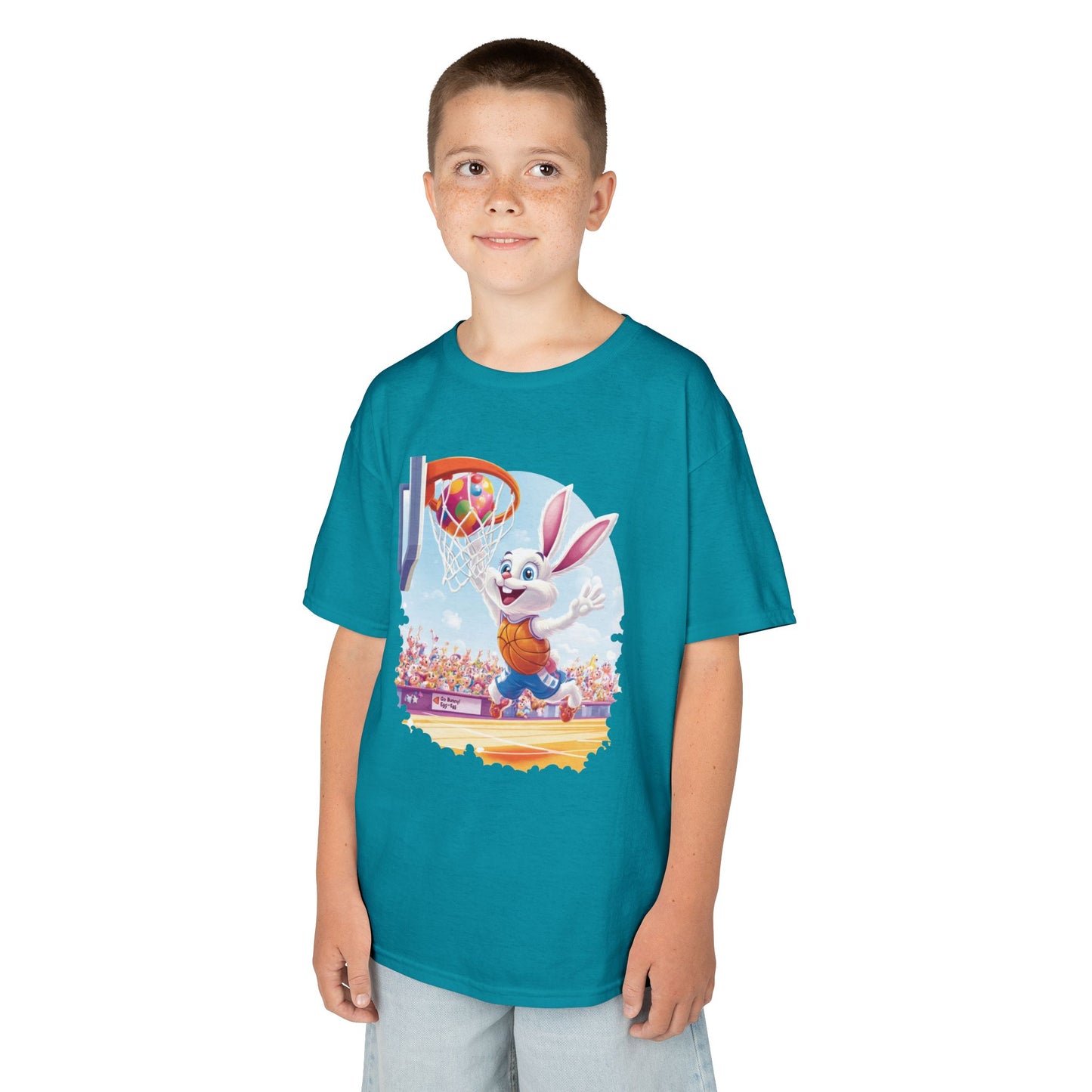 Easter Basketball Bunny Kids T-Shirt - Funny Bunny Dunking Egg Ball, Cute Spring Sports Tee for Kids, Fun Holiday Gift Idea