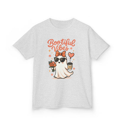 Girls Halloween Ghost T-Shirt, Cute Bootiful Vibes Tee for Kids, Fun Spooky Season Shirt, Tween Girl Outfit Gift, Kids Heavy Cotton™ Tee