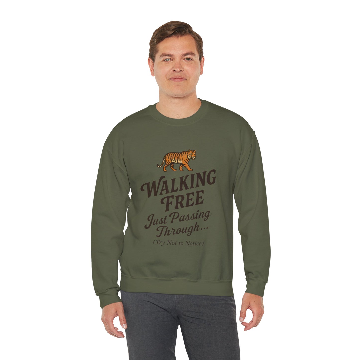 Funny Tiger Mens Crewneck Sweatshirt - Walking Free Cozy Wild Animal Pullover - Motivational Sweatshirt, Inspirational Apparel