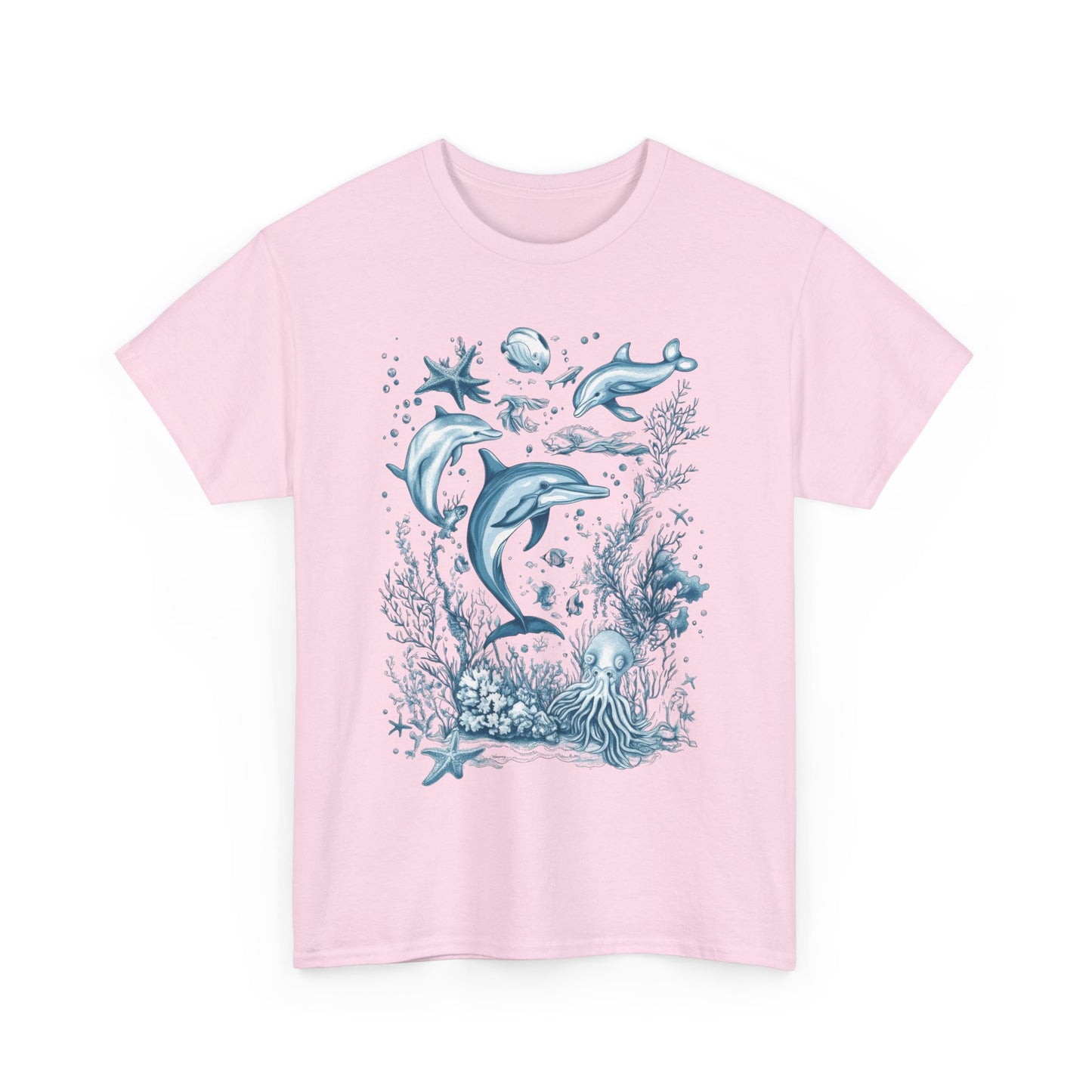 Ocean Life Dolphin T-Shirt, Women's Cotton Tee with Underwater Sea Creatures, Marine Nature Gift Shirt, Perfect for Beach Lovers