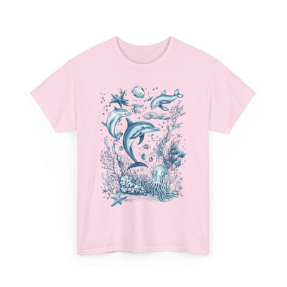 Ocean Life Dolphin T-Shirt, Women's Cotton Tee with Underwater Sea Creatures, Marine Nature Gift Shirt, Perfect for Beach Lovers