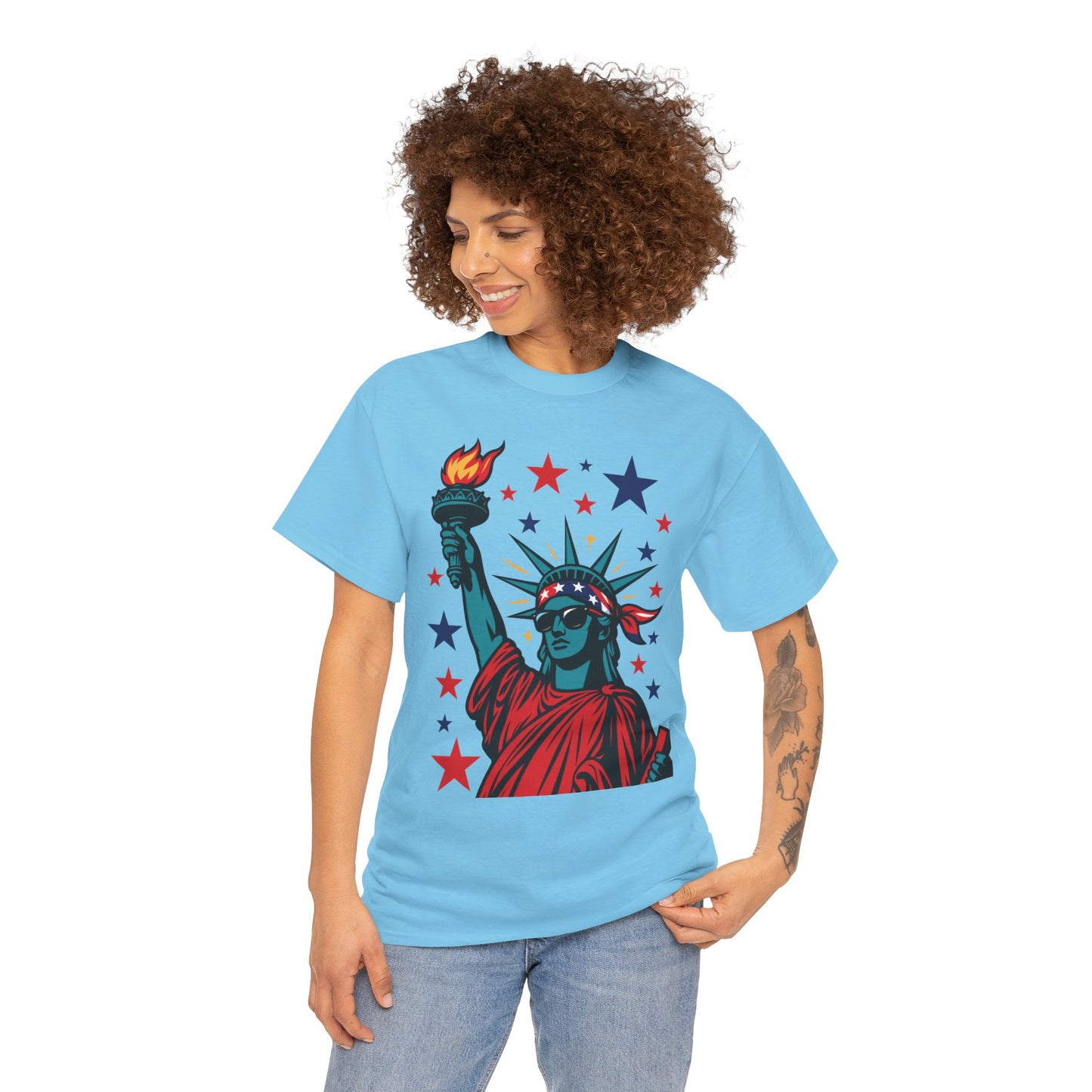 Lady Liberty Pop Art T-Shirt, Patriotic 4th of July Women’s Tee, Retro USA Bandana Statue Shirt