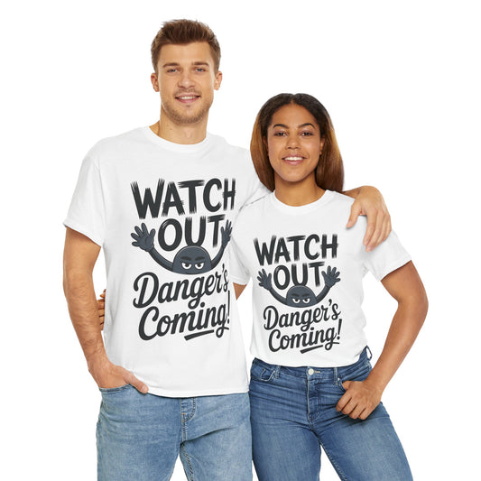 Funny "Watch Out" Cartoon Character T-Shirt, Sketch Style Unisex Heavy Cotton Tee, Minimalist Humorous Graphic Tee, Gift for Him/Her
