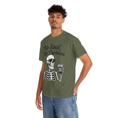 No Soul No Problem Skeleton T-Shirt for Men, Funny Gothic Skull Tee, Cool Spooky Halloween Shirt, Dark Humor Skeleton Graphic Top