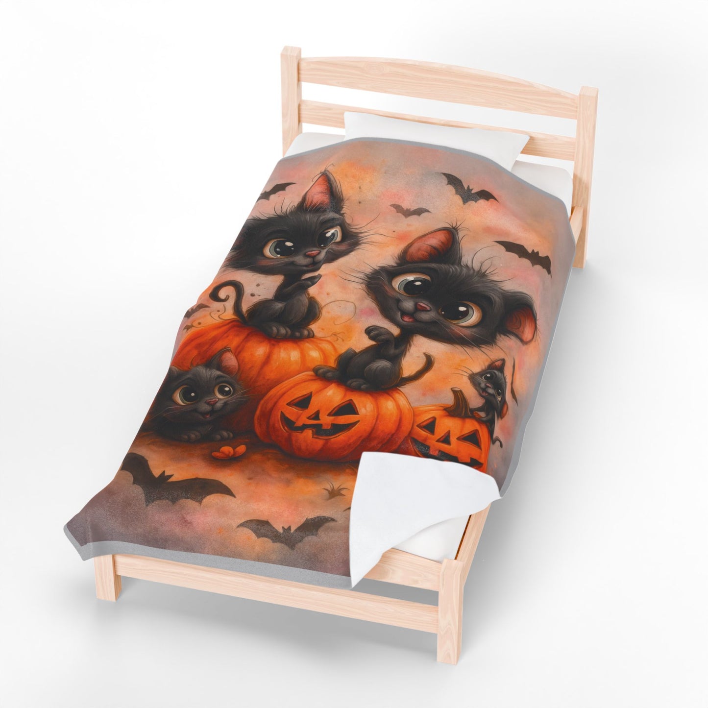 Cute Black Cats and Pumpkins Halloween Velveteen Plush Blanket, Cozy Fall Throw, Soft Cat Lover Gift, Kawaii Halloween Decor