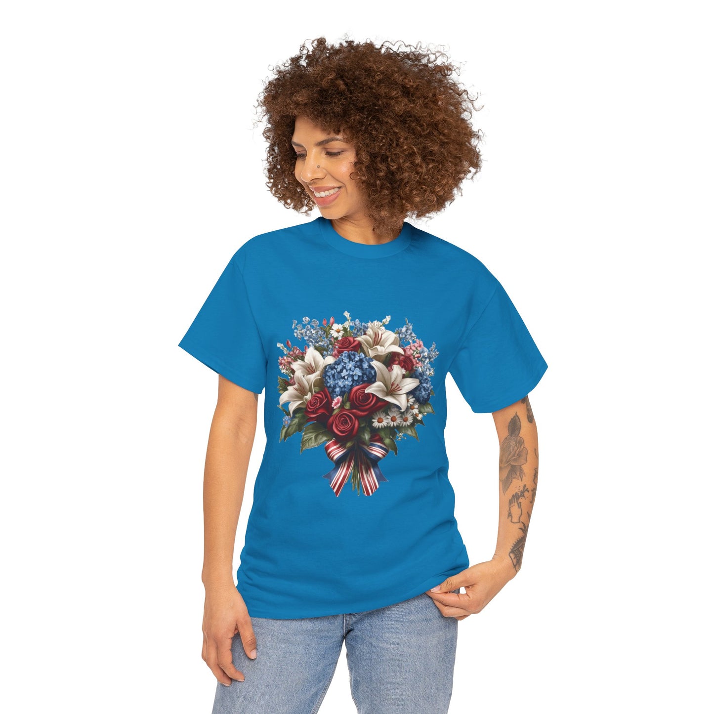 Patriotic Floral Bouquet T-Shirt, Red White Blue Flower Graphic Tee, USA Pride Shirt, Unisex Heavy Cotton Tee