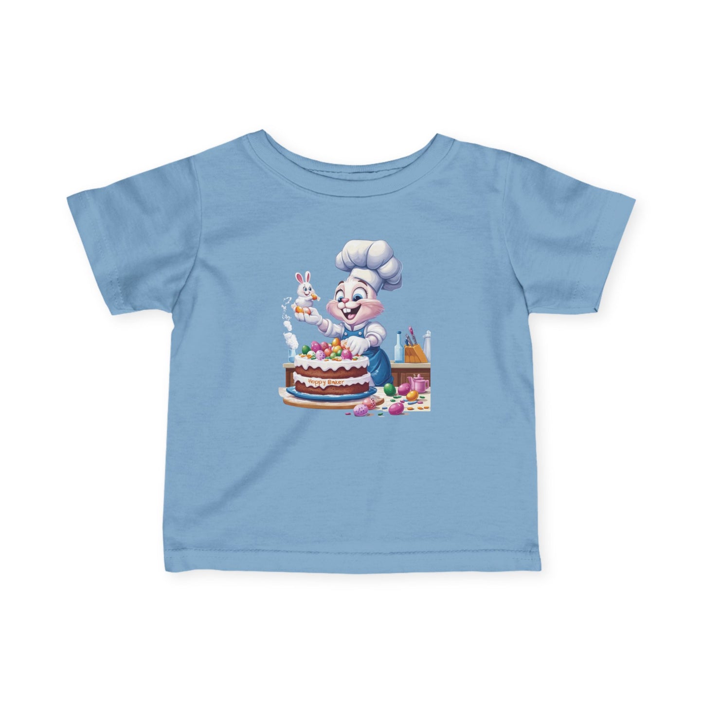 Hoppy Baker Easter Bunny Baby T-Shirt - Cute Infant Tee with Chef Bunny and Cake, Fun Spring Outfit for Babies, Easter Toddler Tee