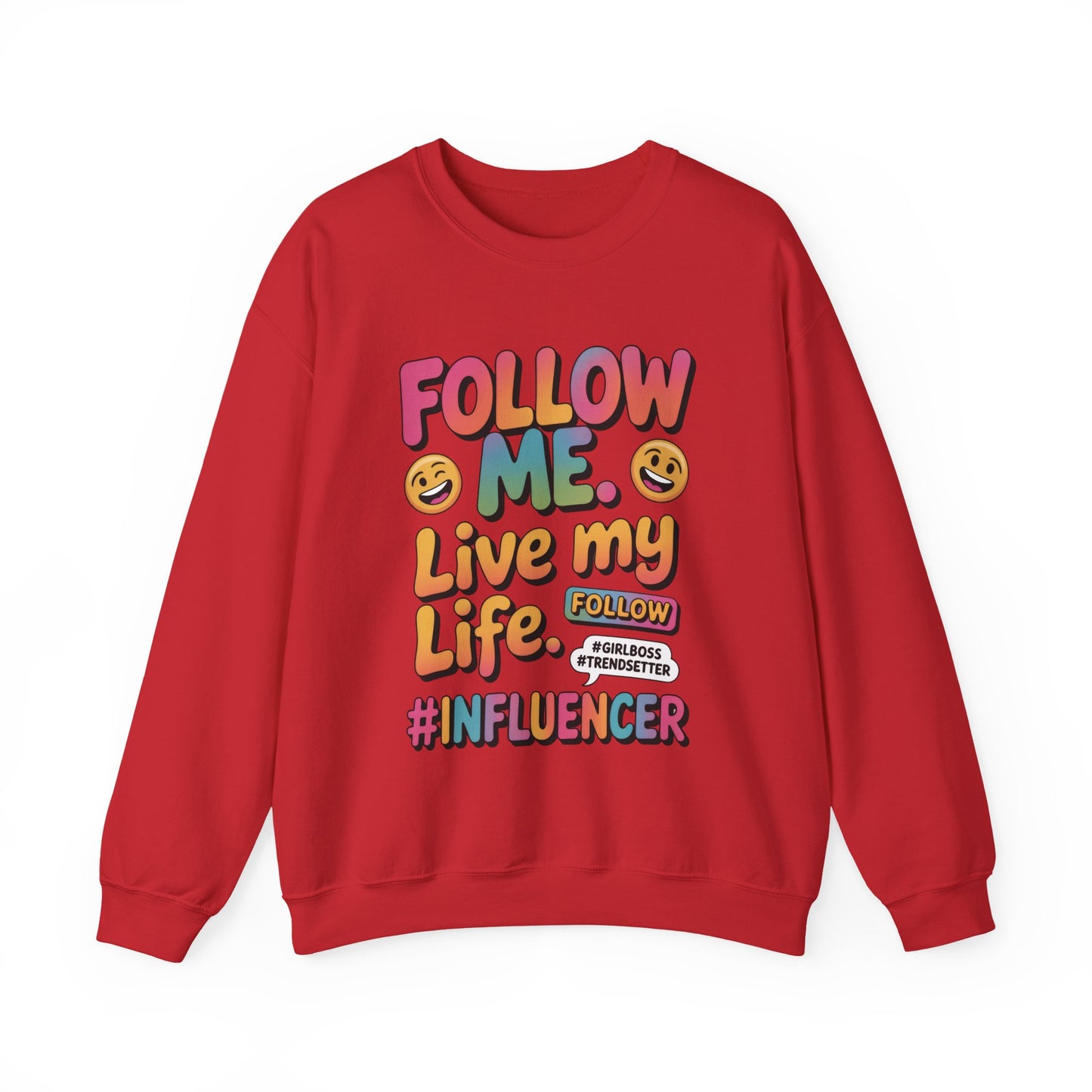 Womens Heavy Blend™ Crewneck Sweatshirt, Influencer Sweatshirt, Colorful Follow Me Live My Life Graphic Sweatshirt, Trendy GirlBoss Outfit
