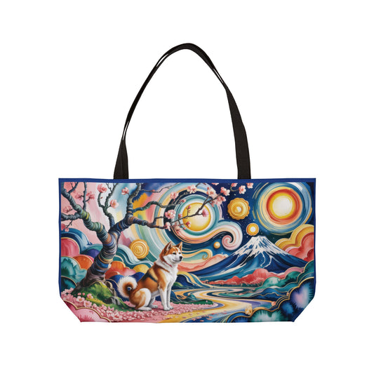 Colorful Shiba Inu Weekender Bag, Japanese Art Beach Tote, Large Travel Bag with Mt Fuji and Sakura, Dog Lover Gift, Summer Tote Bag