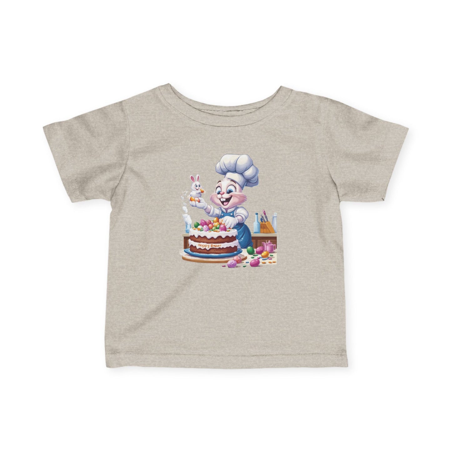 Hoppy Baker Easter Bunny Baby T-Shirt - Cute Infant Tee with Chef Bunny and Cake, Fun Spring Outfit for Babies, Easter Toddler Tee